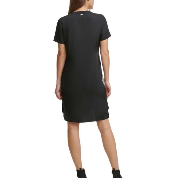 DKNY WOMAN’S IVY LACE FRINGED PULL OVER STYLE  BLACK SHORT SLEEVE DRESS SZ XS - Picture 2 of 12